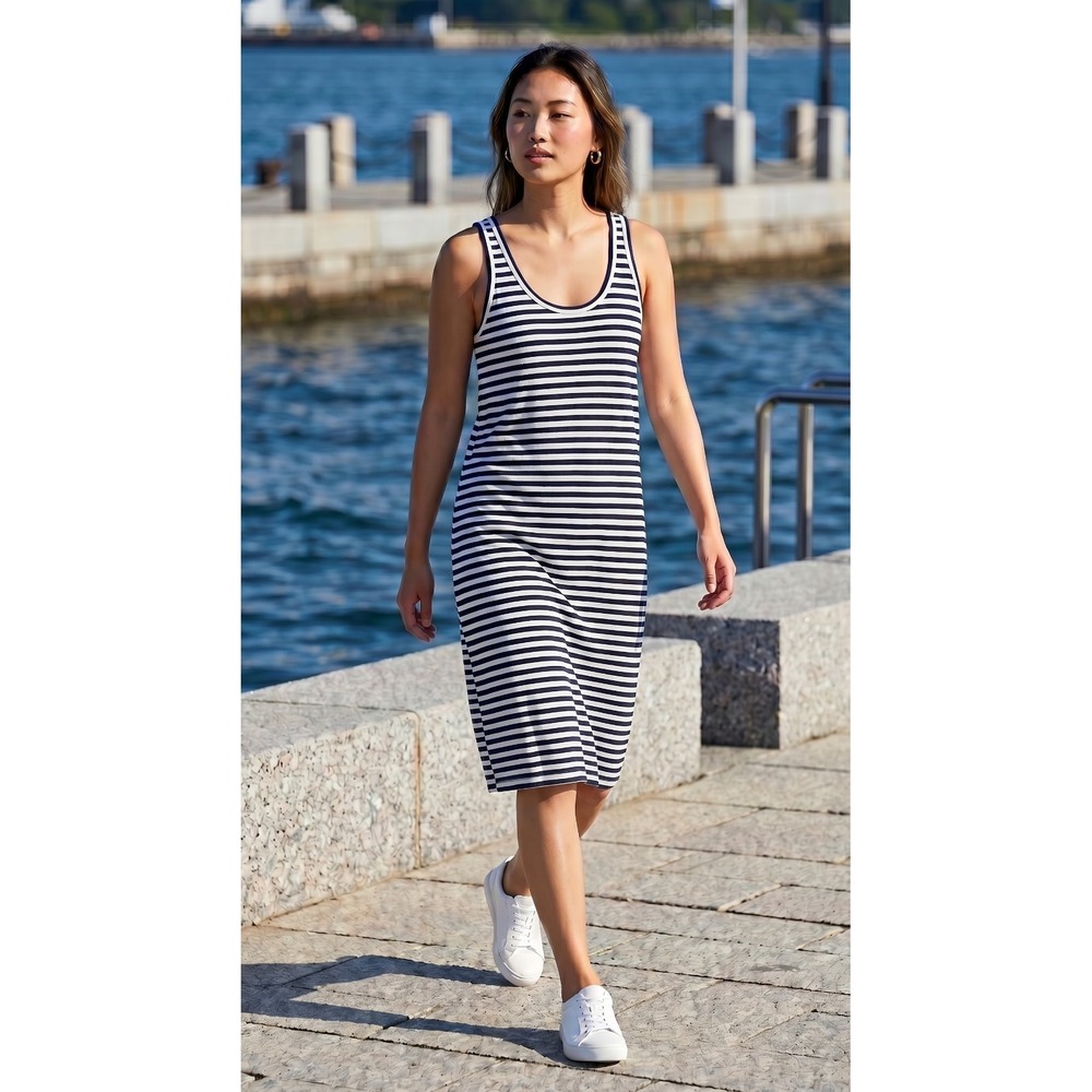 Jcrew Women's Racer Back Tank Dress Navy/White Stripe M Nautical Coastal Preppy